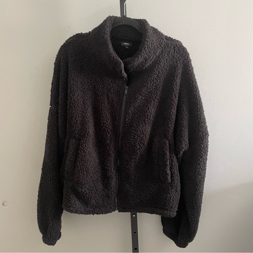 Express Sherpa Teddy Bear Full Zip Black Sweater Size XL